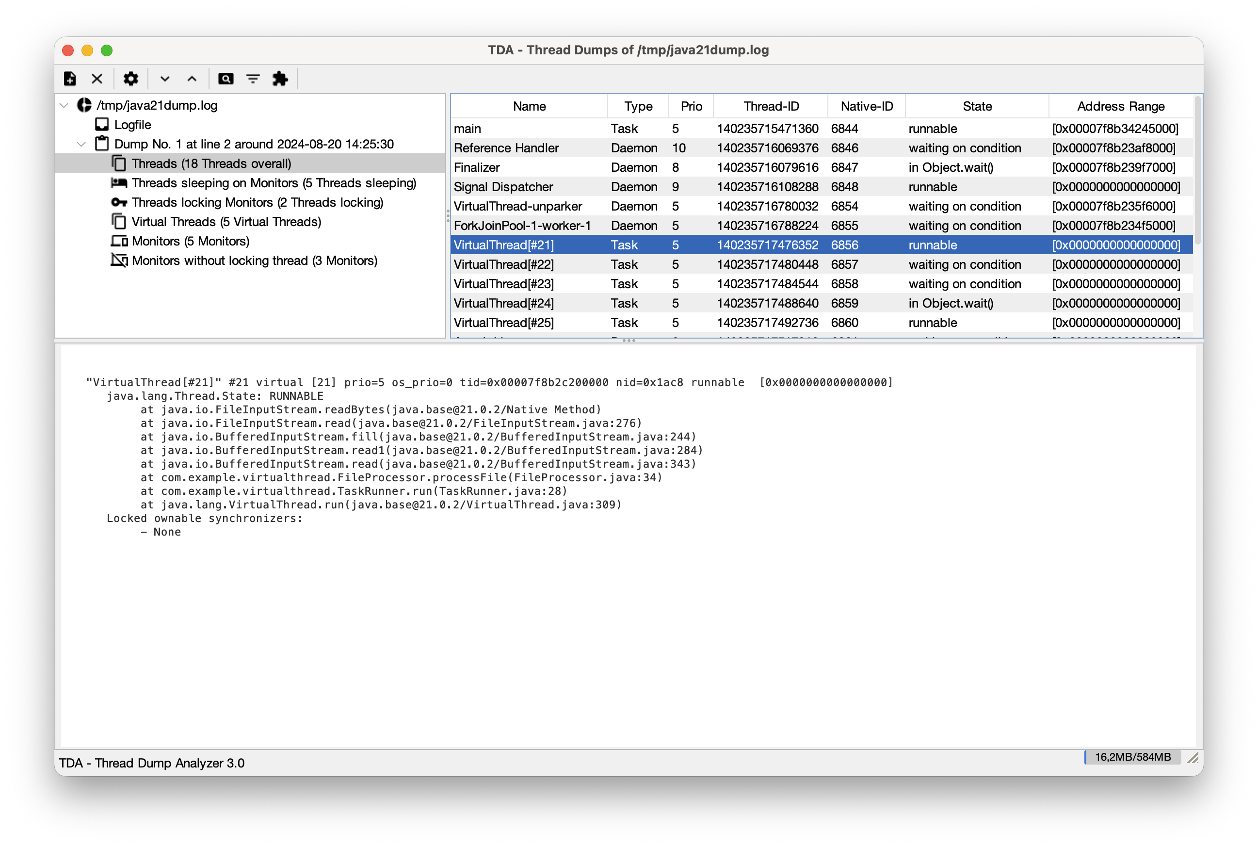 TDA Main Application Screen showing thread dump analysis